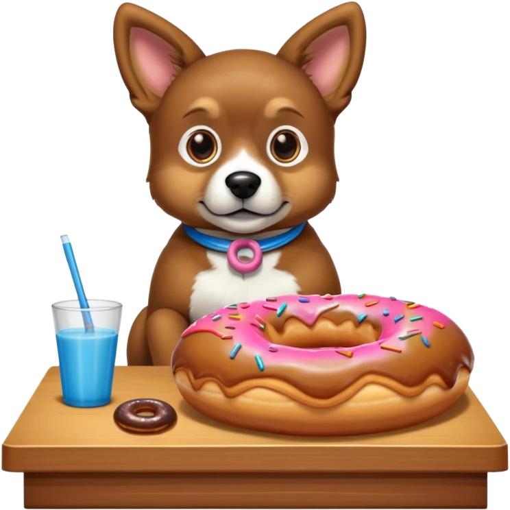 Un perro sentado en una mesa con un donut emoji