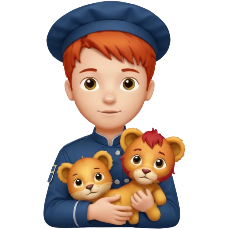 boy kid italian chef, red haired, uniform, holding plush lion emoji