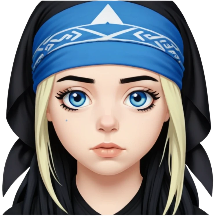 billie eilish blue eyes long black hair dark eyeliner makeup, wearing head bandana emoji
