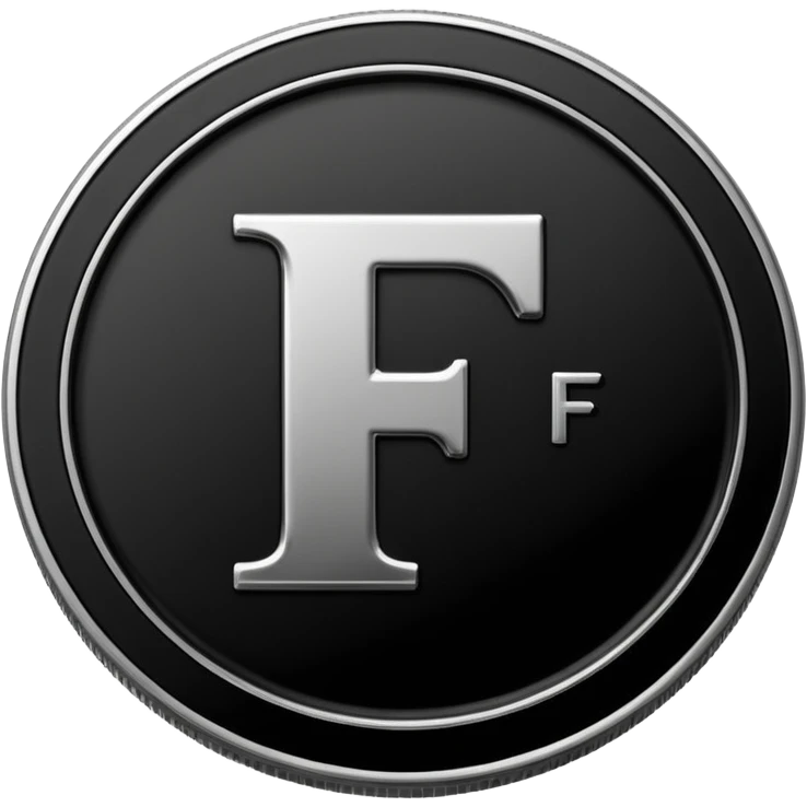 Emoji icon of a black coin with engraved letter F, minimalist style, isolated, no color emoji