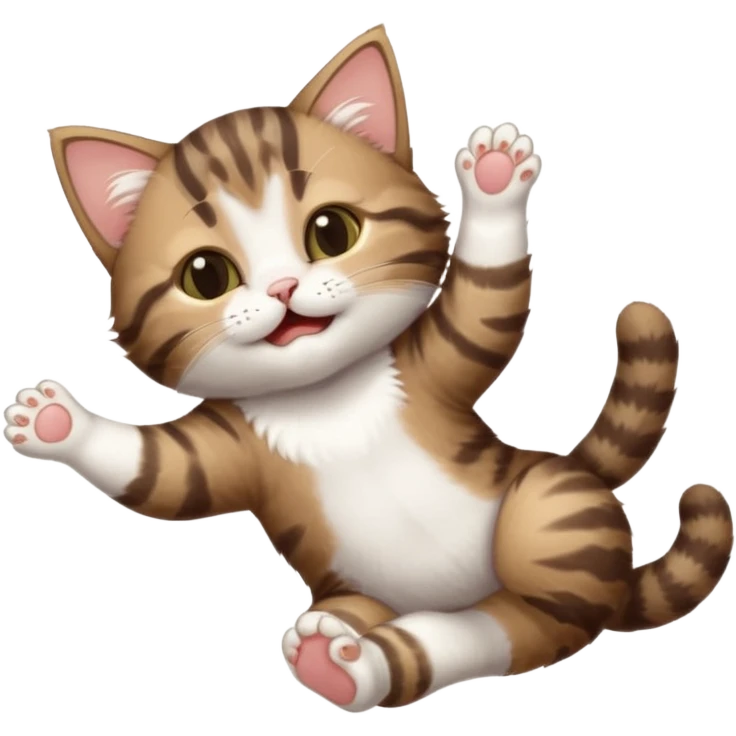 dark brown tabby and white kitten with his eyes closed whilst in funny positions stretched out and  upside down emoji