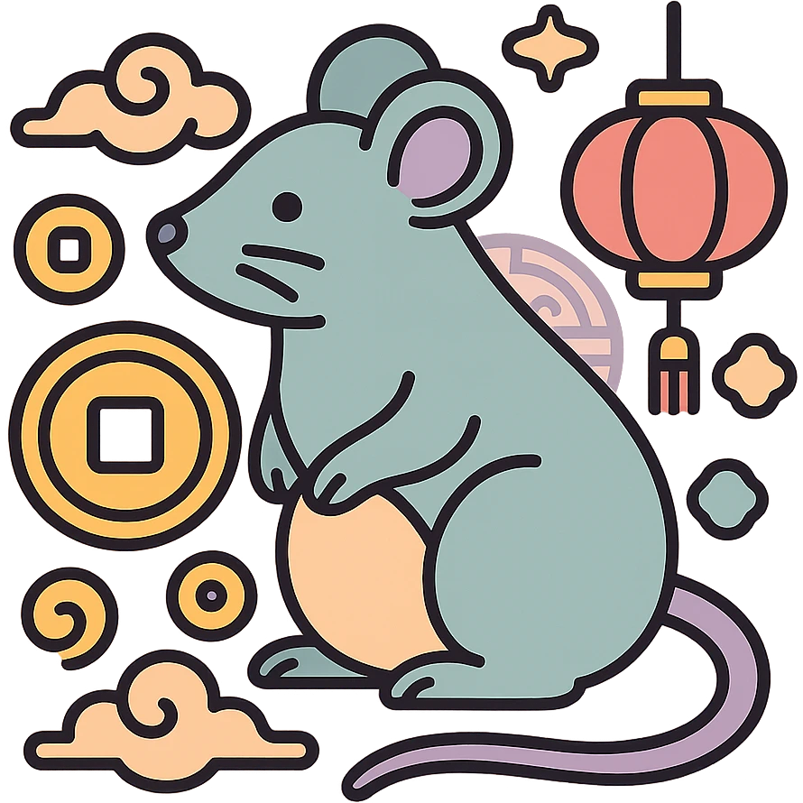 rat, symbol of the year in feng shui, Chinese style, thin clean outlines, soft rounded shapes, pastel palette #98B5BC, #B5B3C1, #C9A3C9, #E4C0CA, #F7DCD1, #F7C0AA, modern Japanese pop art and sticker aesthetics, detailed shadows and highlights, soft lighting, transparent background, with Chinese decor (coins, lanterns, clouds, patterns) emoji