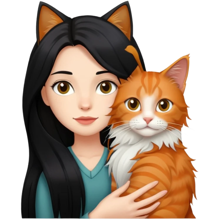 Une fille au cheveux long lisse et noir portant un chat type Maine coon de couleur roux  emoji