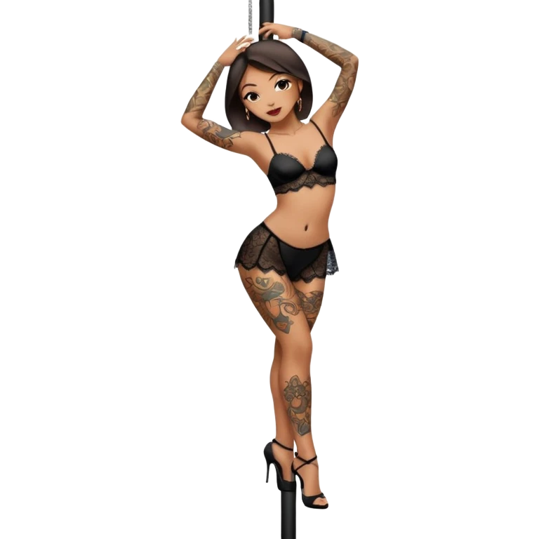 Tattooed girl dancing on pole heels black lace panties  emoji