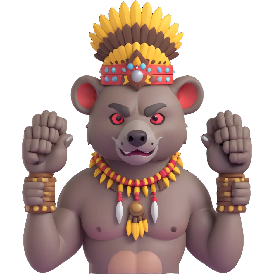 A native strong buff hyena with war bonnet flexing posing holding human head  emoji