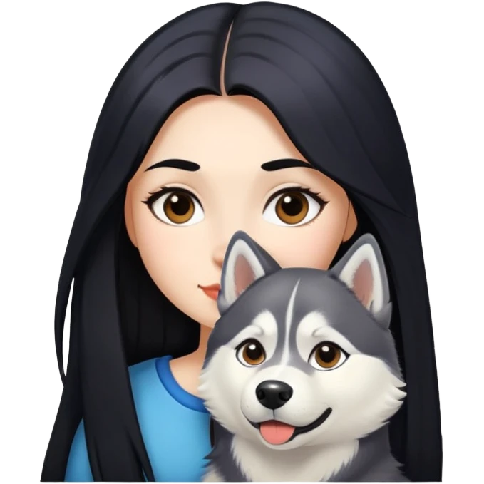 A girl with long black hair walks a husky emoji
