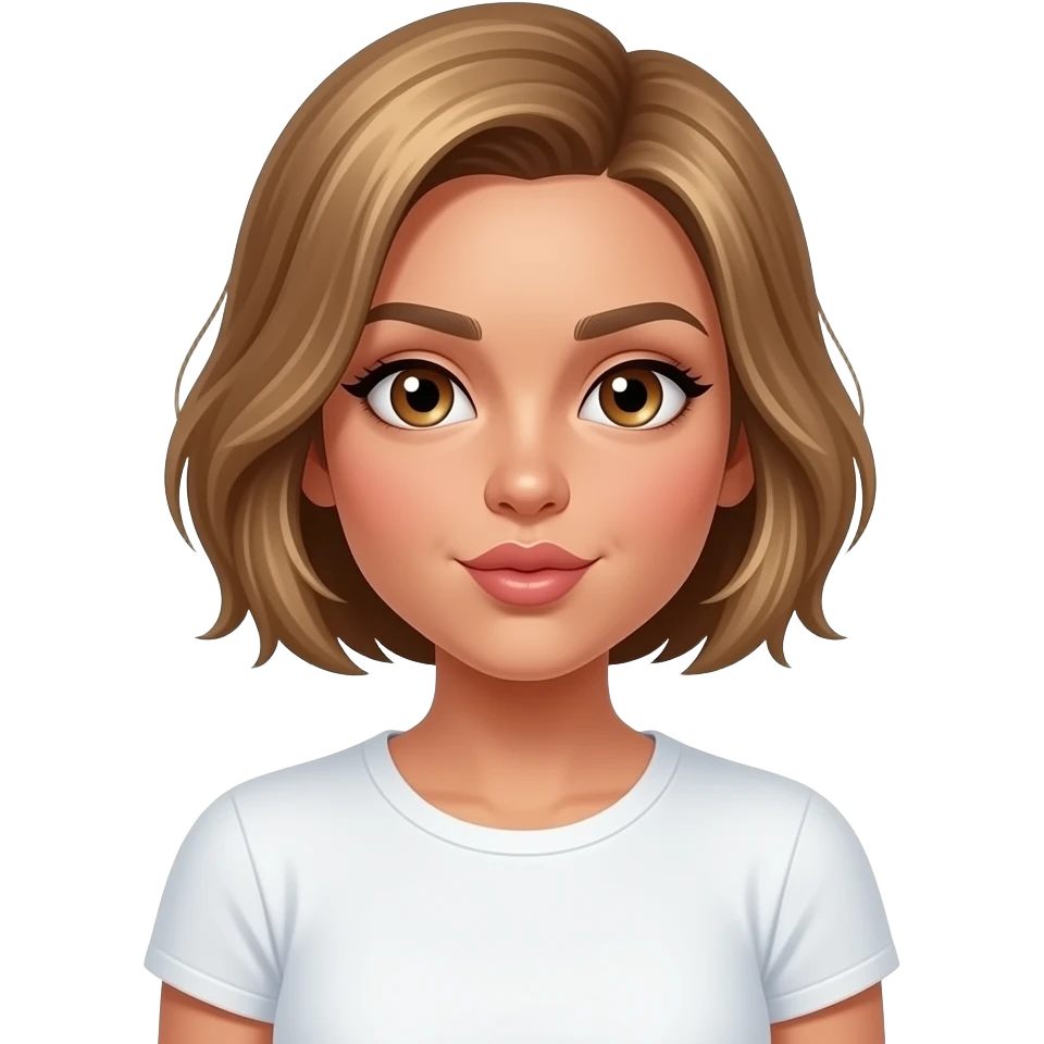 Diva with short golden brown hair. Mid tan. Hazel eyes and blowing a kiss. White t-shirt emoji