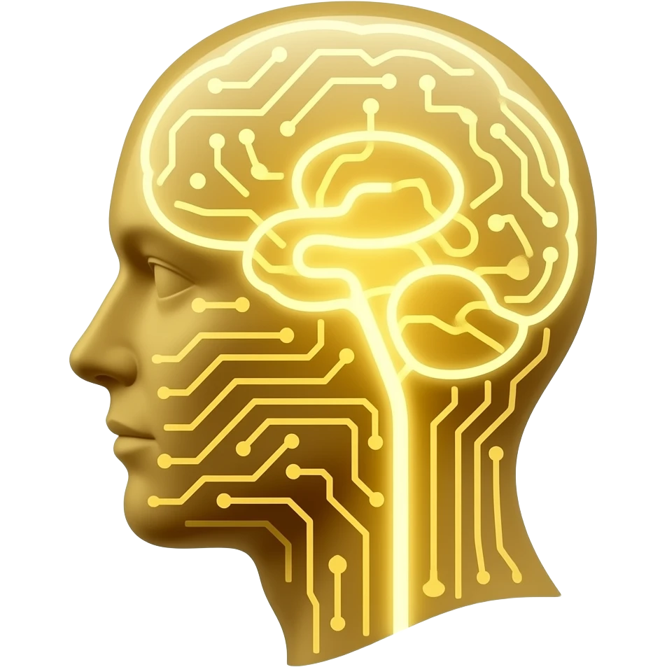 glowing gold human head silhouette with a transparent effect,-filled-with-interconnected-circuit-lines-and-neural-nodes,-symbolizing-artificial-intelligence emoji