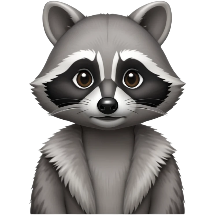 Cinematic-Noble-Raccoon-Portrait-Emoji – Poised and confident, with a sturdy build and a beautifully textured fur of silver-grey accented by dark black facial markings, deep-set, cute big black eyes, simplified yet sharp and sophisticated zoom out to show shoulders emoji