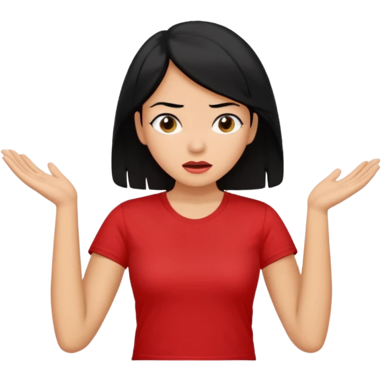 빨간색 티셔츠를 입고 검정머리를 가진 여성이 모르겠다는 듯이 어깨를 올리는 제스처를 하고있음 🤷🏻‍♀️ emoji