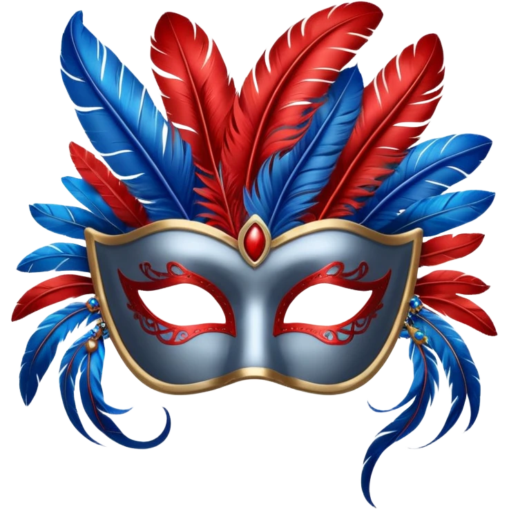 grey masquerade mask  with red and blue feathers emoji