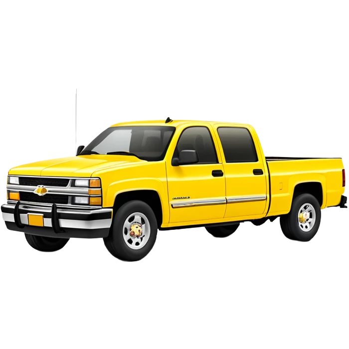 Bright yellow 1997 Chevrolet C-2500 Crew Cab Silverado pickup truck from Kill Bill movie, 30-degree angle view, iconic bright yellow color scheme, four-door crew cab, iOS emoji style emoji