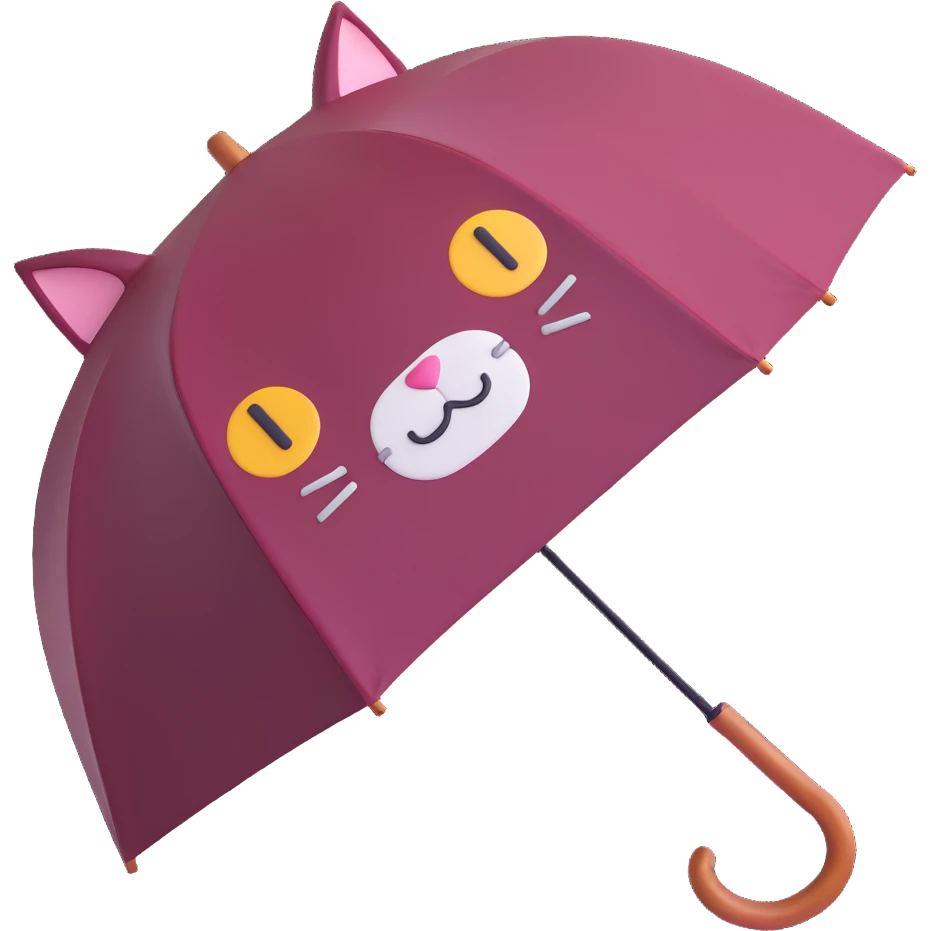 burgundy umbrella with a cat face in 3D emoji style emoji