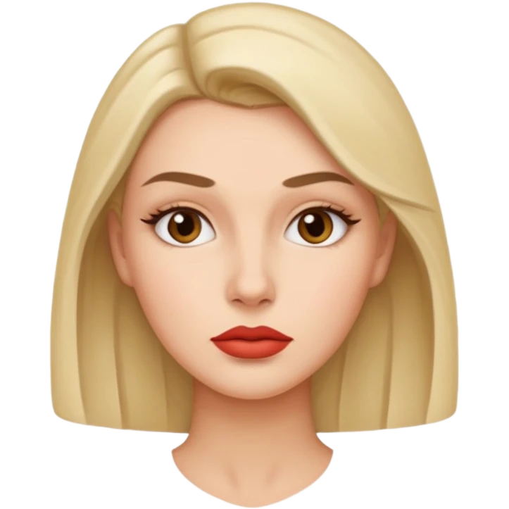 woman with smooth expressionless face, full lips, slightly raised eyebrows emoji