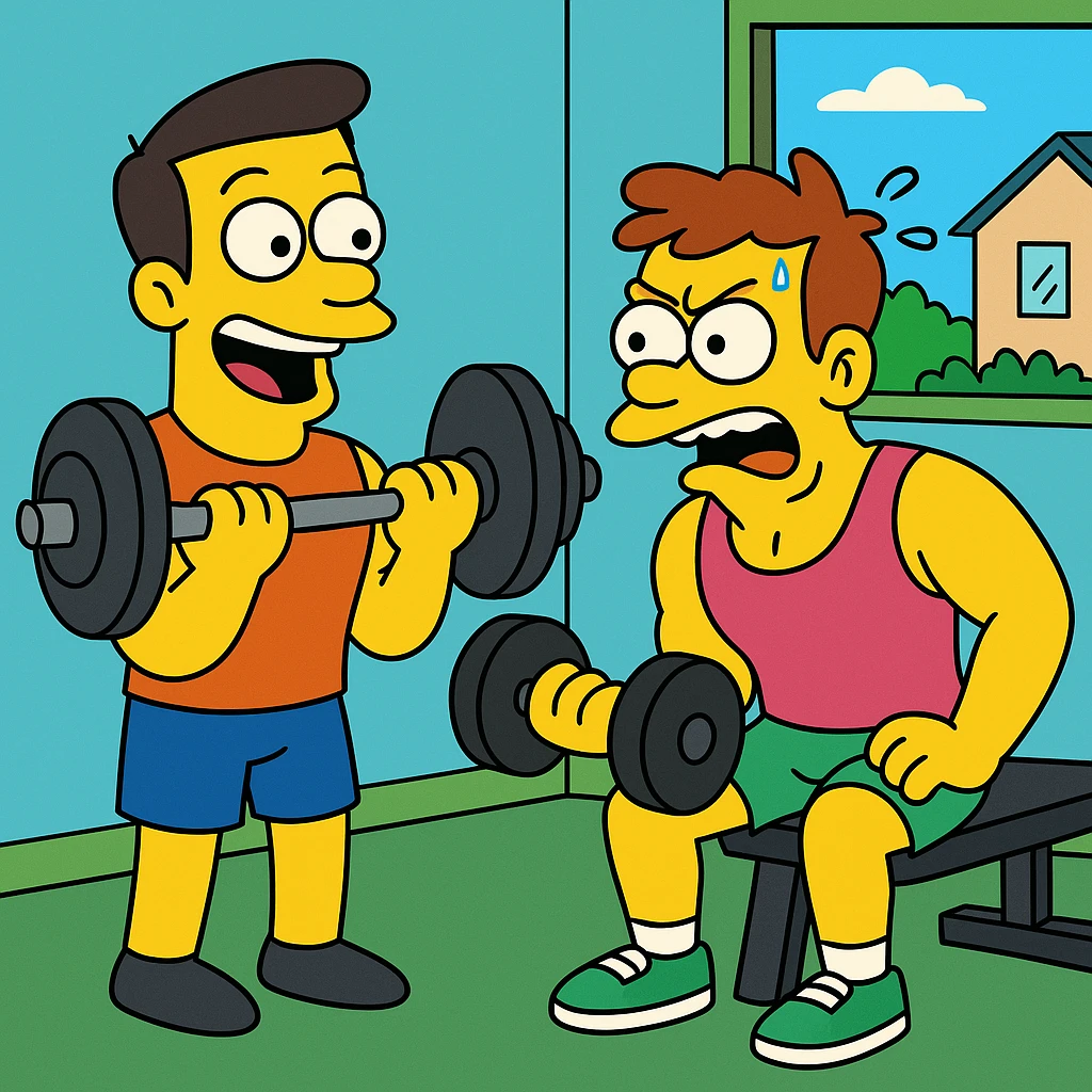 Jake and Tom have been gym buddies (friends who go to the gym together) for months (maybe 3–6 months or more), but their workout styles (the way they exercise or train—like lifting weights) couldn’t be more different (they’re very, very different). 2 guys at gym emoji