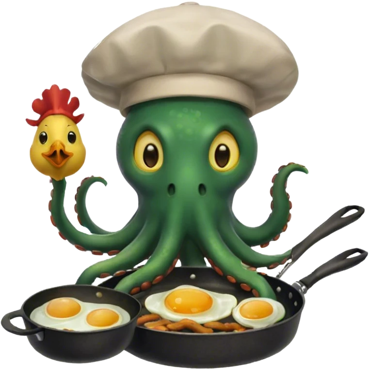 green octopus with a chicken on its head frying an egg emoji