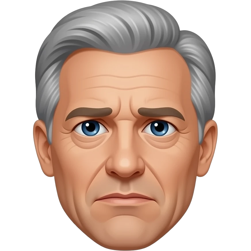 Jeffrey Epstein with grey hair and dark blue eyes. No body just head. Looking miserable like his mugshot emoji
