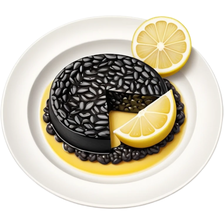 cinematic-realistic-black-risotto-dish,-showcasing-dramatic-lighting in a white plate with a single slice of grilled lemon on top emoji