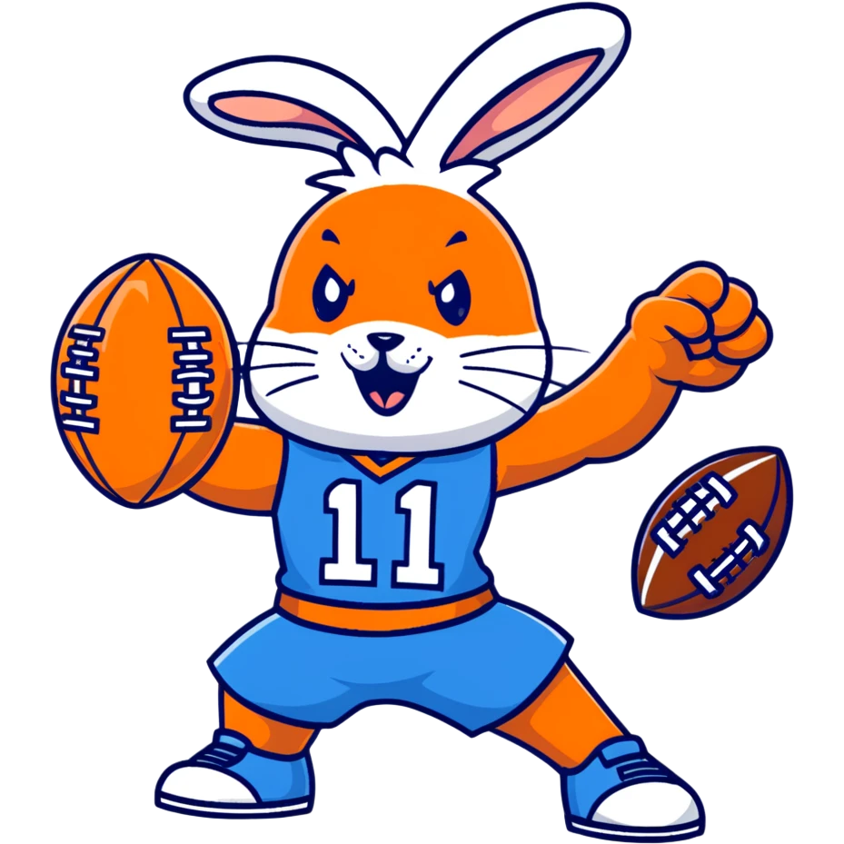 bunny mascot wearing a blue football jersey, flexing emoji
