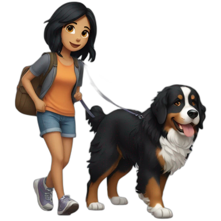 Girl with black hair walking a Bernese mountain dog  emoji