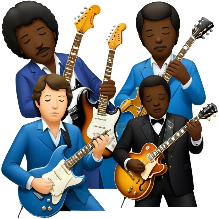 Icon for Blues Music: close-up collage of legendary blues artists. Gary Moore, Eric Clapton, B.B. King and Joe Cocker. Represented by silhouettes or symbolic items like guitars, microphones, or music notes, reflecting the soulful energy of blues music. Transparent background. emoji
