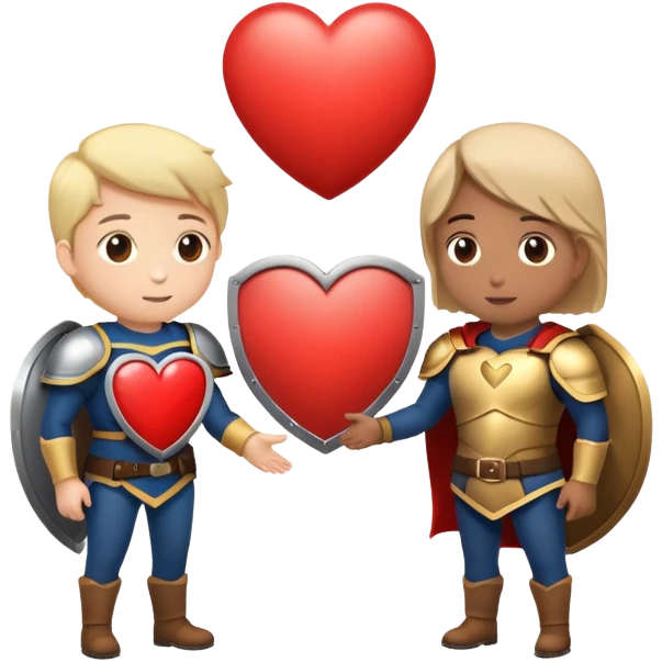 Two people facing each other with a speech bubble in between, one with a heart, the other with a shield, symbolizing authentic and firm communication. emoji