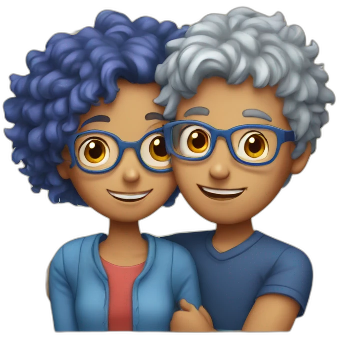 a girl with red curly hair and blue glasses hugging a boy with gray hair emoji