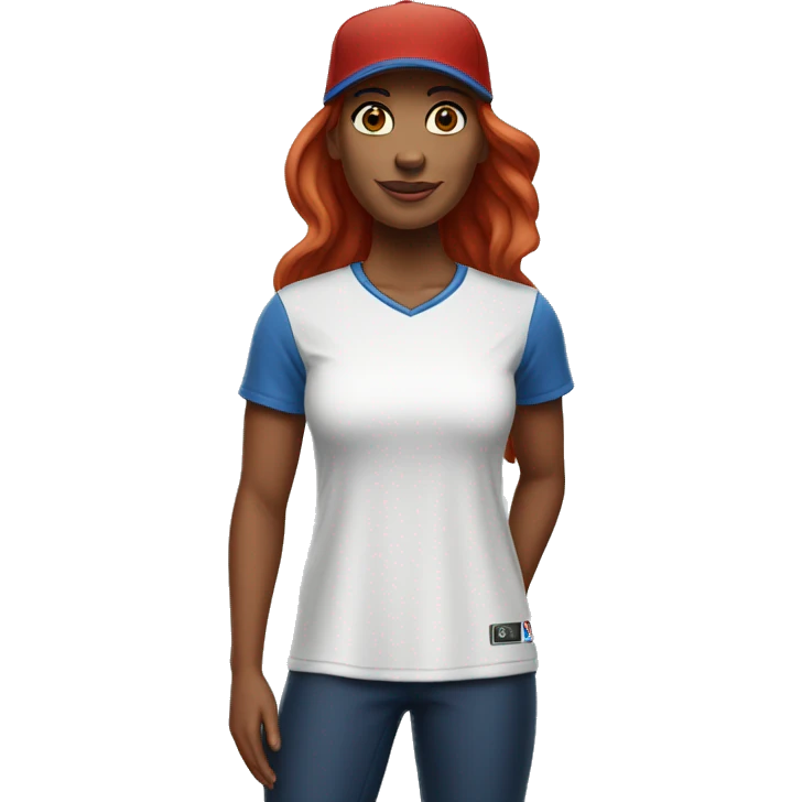 standing up white female coach with long red hair in white t-shirt and with a simple blue baseball hat emoji