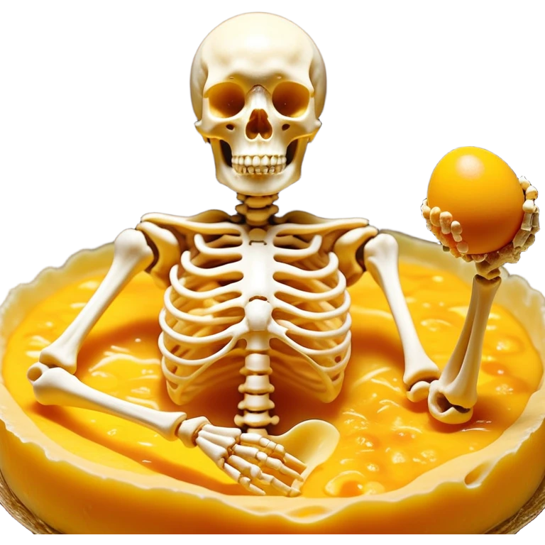 Ethereal pieces of aged cheese, golden egg yolk, and natto floating around a translucent glowing skeleton. Fine rays of golden light flow from the foods to the bones, where small locks open upon contact, guiding calcium like precision keys that prevent accumulation in arteries. emoji
