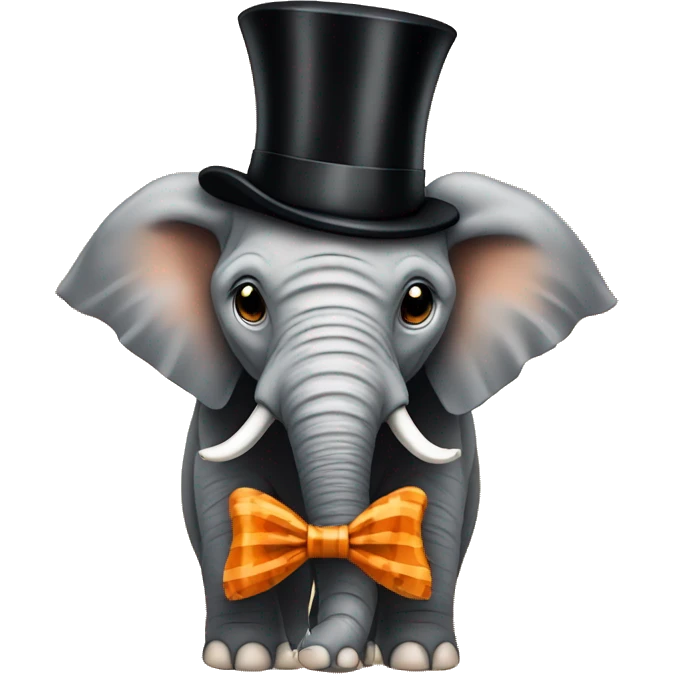 elephant with a  bow tie and top hat with an outfit that is orange and black tiger striped emoji