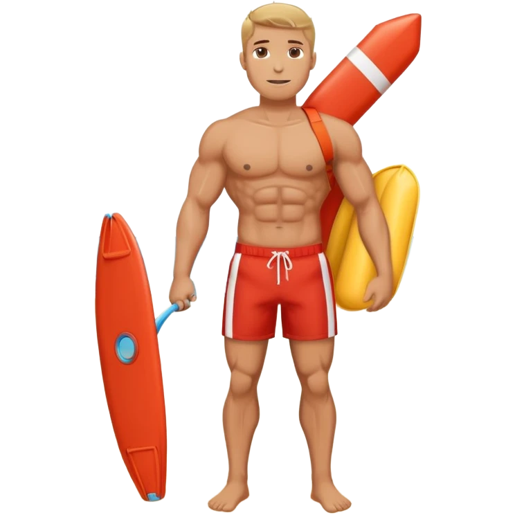 Muscular lifeguard man on beach with rescue tube emoji