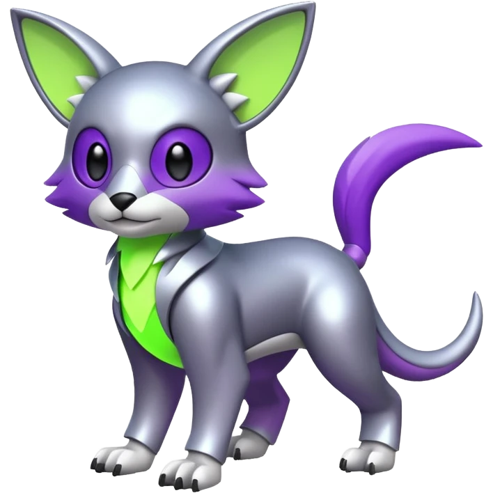 Futuristic cool shiny metallic alloy silver-grey purple neon-green white lime animal hybrid Fakemon full body emoji