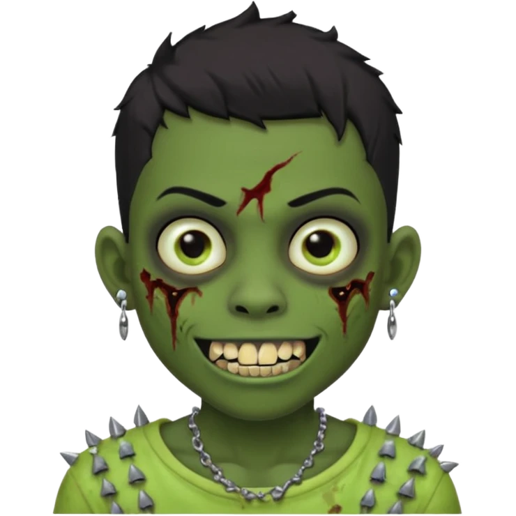 Make a boy zombie dark skin and short black 4c hair, showing a studded grillz teeth with a earing emoji