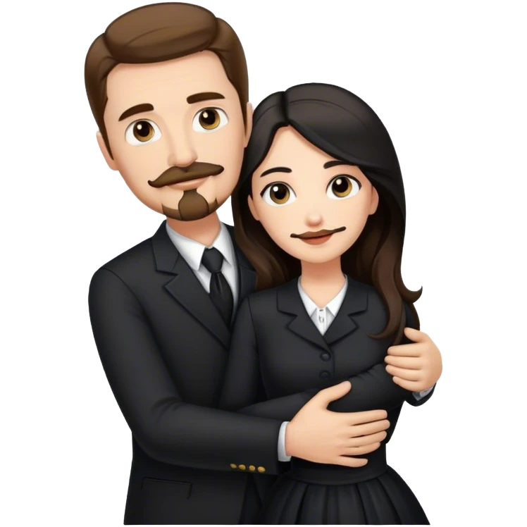 tall white man with brown hair goatee mustache hugging a pale woman with long black hair, wearing formal clothing emoji