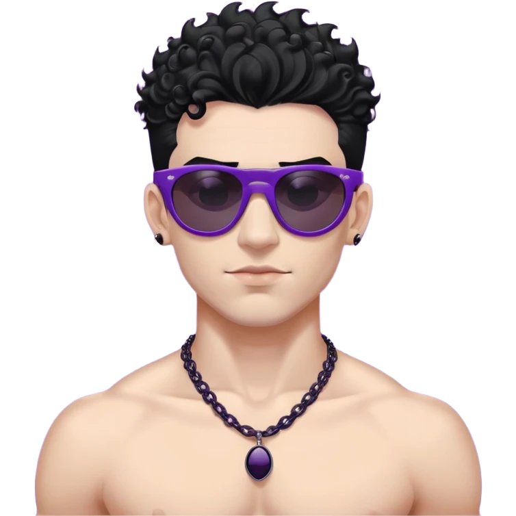 shirtless male athlete with white skin and moderately curly black hair on top with shaved sides, wearing purple sunglasses with very dark heavily tinted black lenses that completely hide the eyes, and a plain black chain necklace emoji