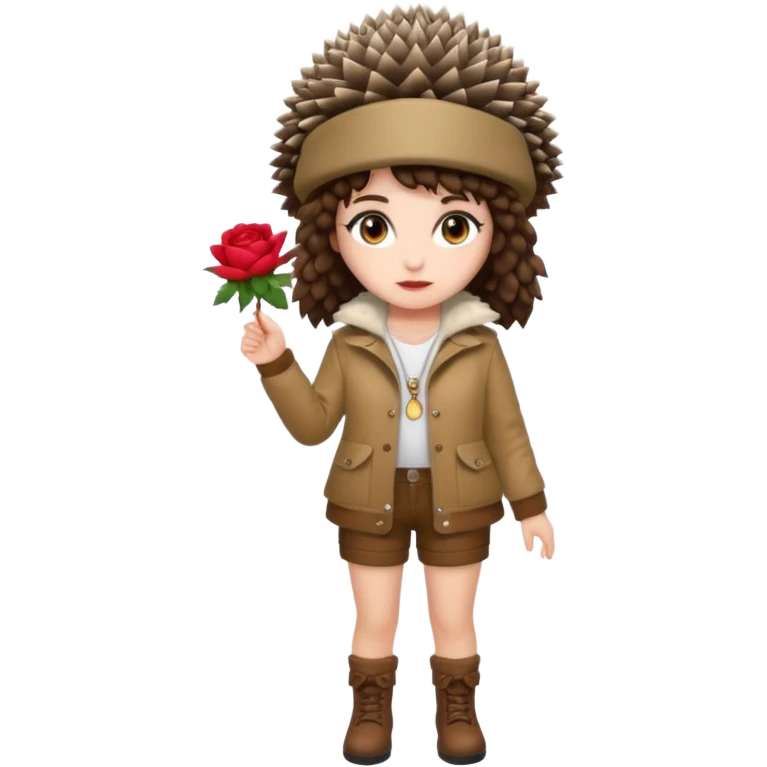 full body woman short curly brown mullet hair brown eyes white skin wearing hedgehog hat and thorny rose jacket emoji