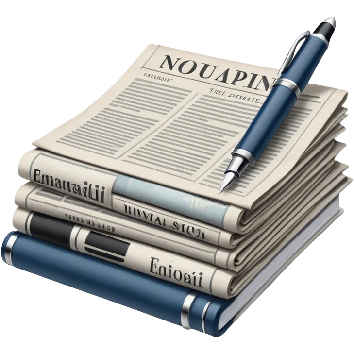 Create an emoji representing journalism and publicistic writing. The design should feature an open newspaper or a stack of articles with visible text columns, symbolizing opinion pieces and analysis. A classic fountain pen or ballpoint pen should be placed near the papers, indicating the act of writing. Optionally, include a small microphone or a press badge to emphasize investigative and journalistic aspects. Use neutral and professional colors like black, white, and muted blue or red. Do not include any emojis or smiley faces. Make the background transparent. emoji