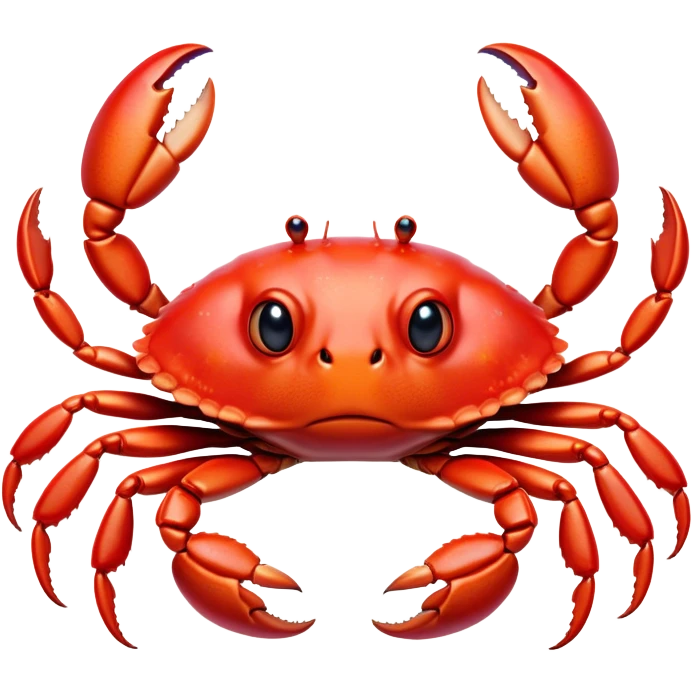 Cinematic Realistic Cute Crab Portrait Emoji, Head tilted playfully and inquisitively, featuring a compact, sturdy form with a glossy red shell uniquely forming an endearing face with bright, sparkling eyes, rendered with intricate natural textures and subtle coastal hues, high shine, affectionate and spirited, styled with a touch of seaside whimsy, soft glowing outline, capturing the essence of a mischievous yet lovable crab that seems ready to pinch playfully out of the screen into your arms! emoji