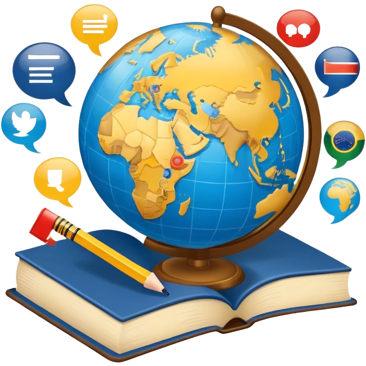 An icon featuring a globe with speech bubbles in different languages, symbolizing the study of foreign languages. The design includes a book and a pencil, representing learning and communication across cultures. Transparent background highlights the global nature of language education. emoji