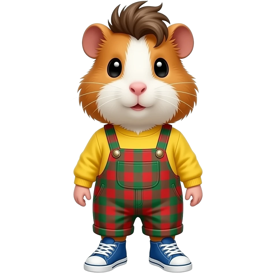 crazy haired guinea pig in long sleeve yellow top with red and green checked ovealls and blue sneakers emoji