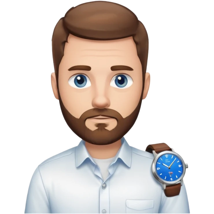 White man with brown hair blue eyes fade haircut with beard. Wearing white button down and silver watch emoji