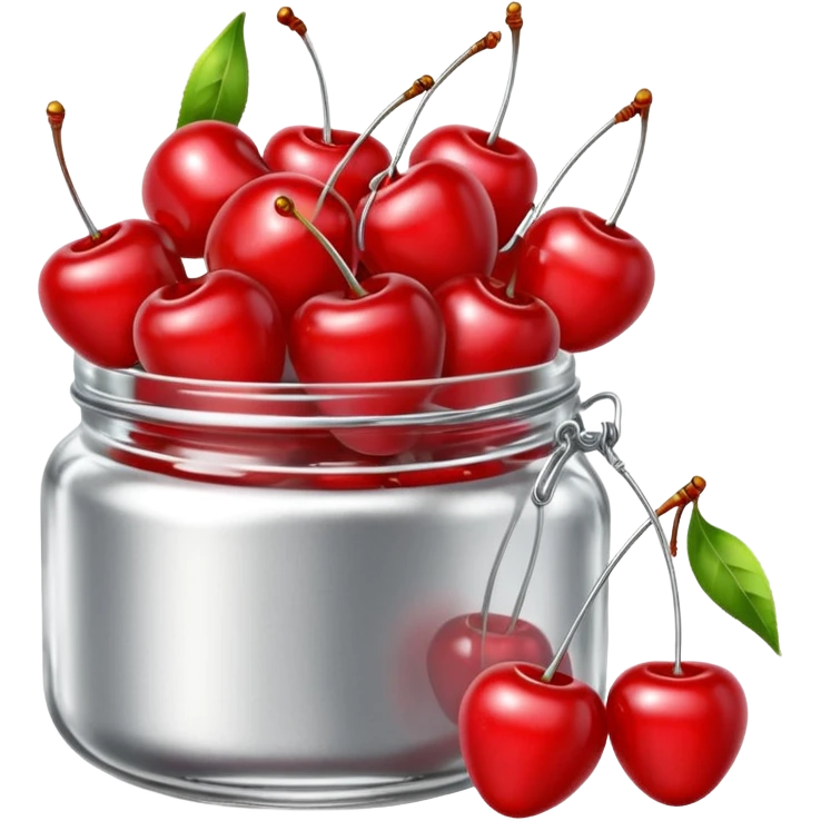 Realistic glass jar with silver metallic lid filled with maraschino cherries inside of it. emoji