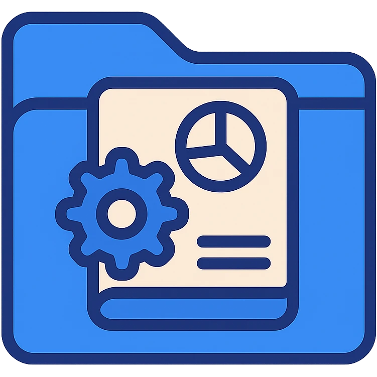 Place the book icon with gear and chart clearly visible and centered on the front of the blue folder. Keep the folder unchanged and leave some space around the edges. The style should be flat and modern with a fully transparent background, prioritizing clarity and recognizability. emoji