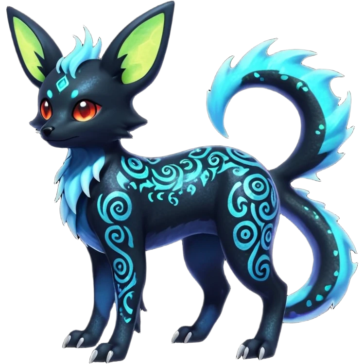 Shiny Fiery Dark Ugly Evil Realistic Glowing Eldritch Horror Cool Edgy Badass Emo Glorious Demonic Batty Dusky Ethereal Sparkly Shimmering Magical Punky Aural Iridescent Fluorescent Bioluminescent Umbreon-Noibat-Salandit-Litten-Flareon-Fakémon-fusion (full body) with intricate pattern markings emoji
