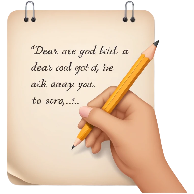 Hand holding pencil writing "Dear God" on essay paper emoji