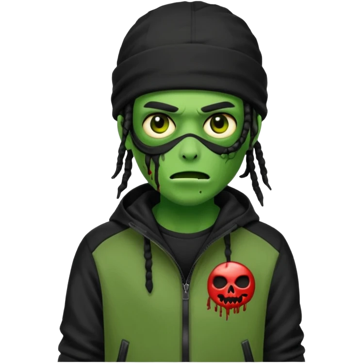 a zombie emoji with black dreads and a black nike jacket and black nike ski mask on his head emoji