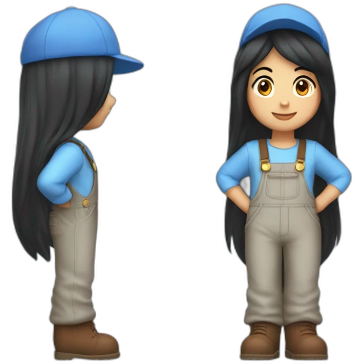 Jackie is a mario fan girl with long black hair who wears a light blue shirt and light blue cap and blue overalls and brown boots emoji