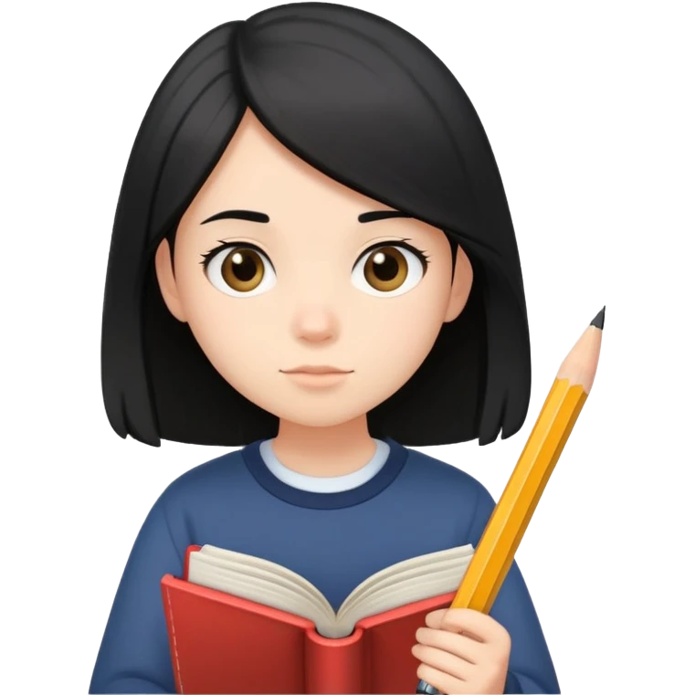 🏼😵‍💫👩✏️📚 balck mid length hair, soft bubble cute, introverted highschool student emoji
