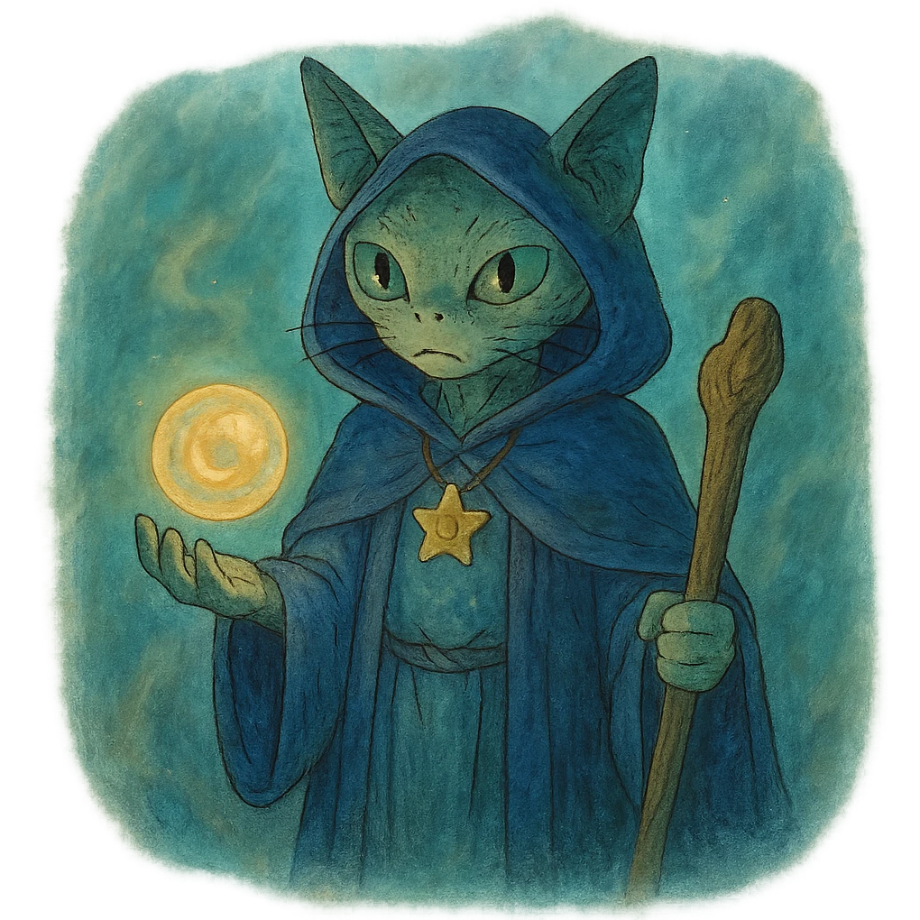 alien cat wizard with a floating orb in a mystical atmosphere emoji