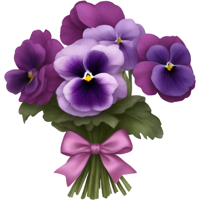 A bundle of pastel pansies and dark violet peonies wrapped in translucent deep pink fabric with a delicate bow. emoji